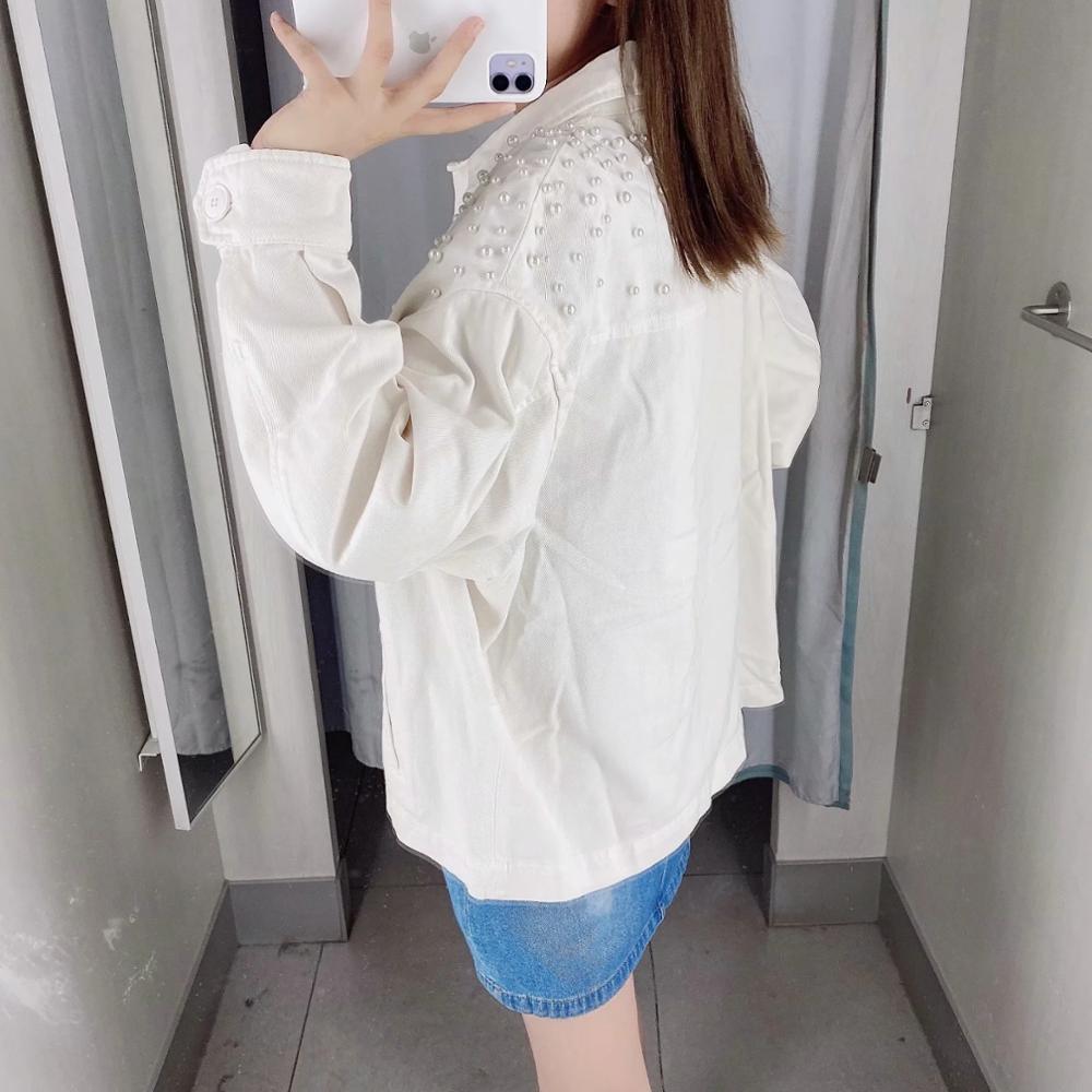Women Fashion With Faux Pearls Appliques Loose Jacket Coat Vintage Long Sleeve Pockets Female Outerwear Chic Tops 210521