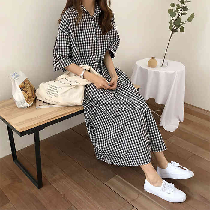 Dress Women Long Shirt Retro Plaid Single Breasted Loose Cotton Summer Short Sleeve es Womens Casual 210513