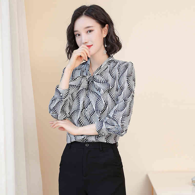 Arrival Bow Blouse Casual Women Tops and Elegant Loose Long Sleeve Chiffon female clothes 6581 50 210506
