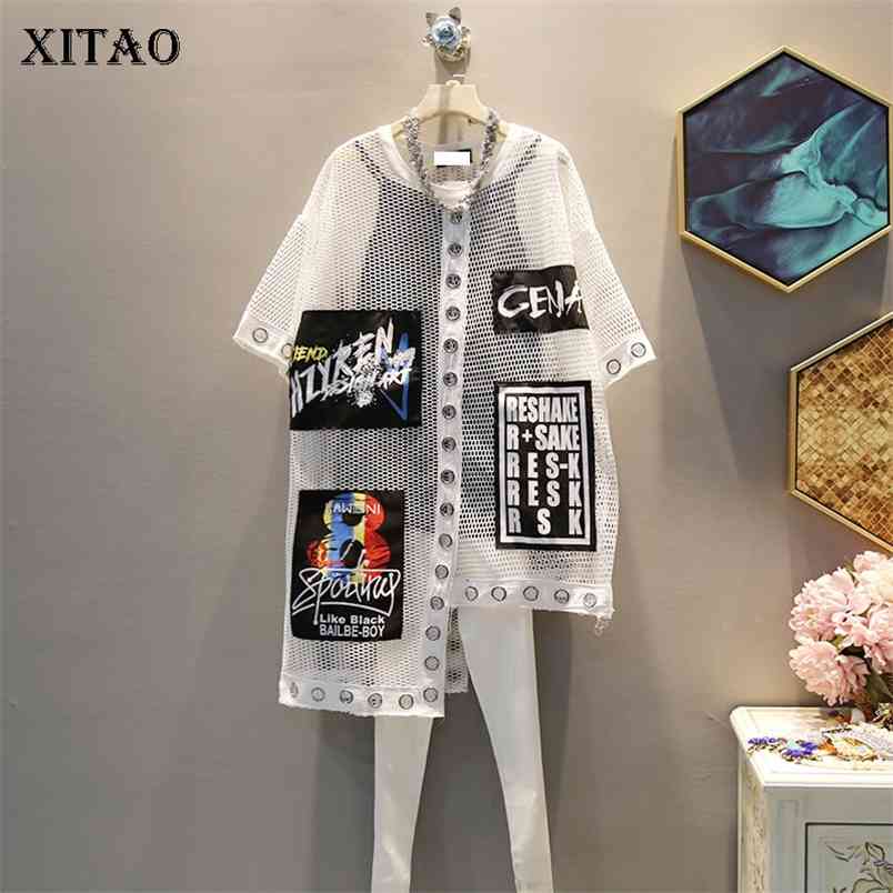 XITAO Women Summer Korea Fashion Oneck Short Sleeve Loose Tee Female Letter Print Patchwork Hollow Out Tshirt WBB3401 210406