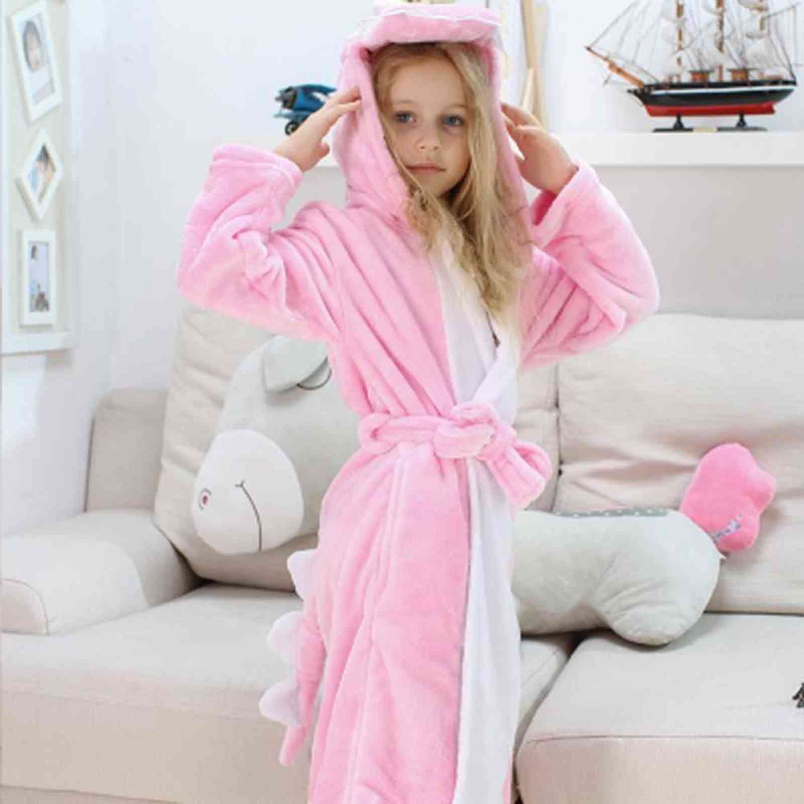 Girls Boys' Plush Hooded Bathrobe - Dinosaur Fleece Robe 211130