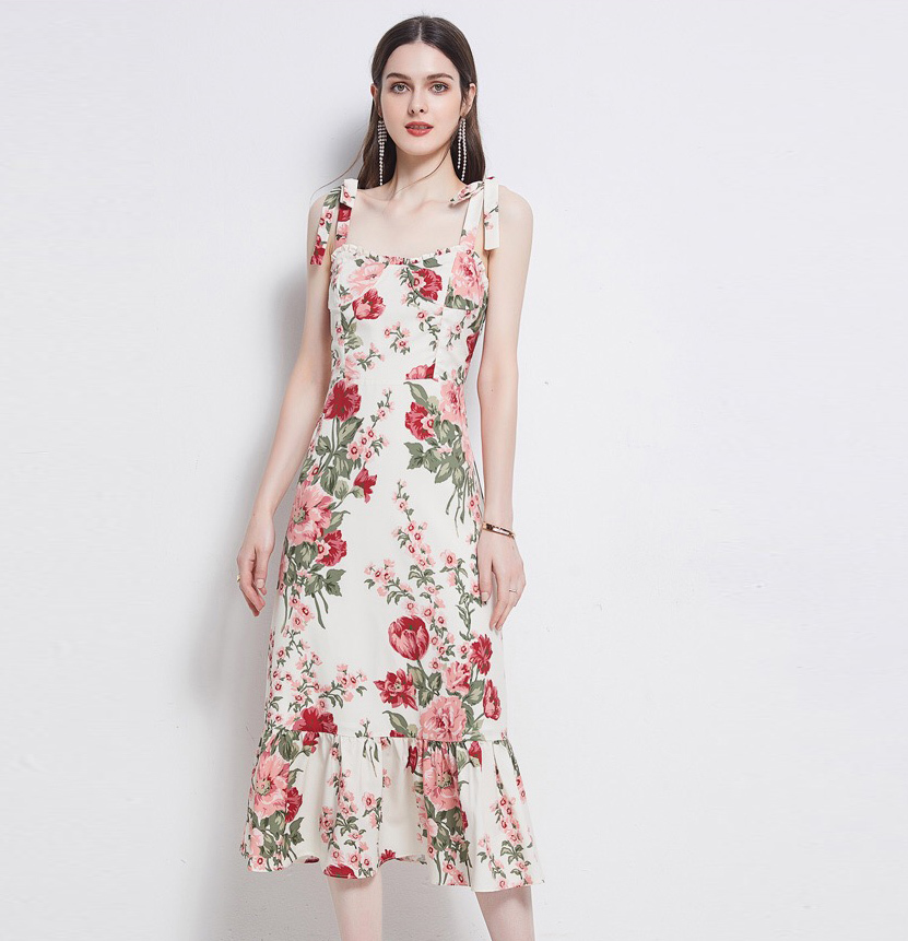 spaghetti strap midi dress ruched summer casual flower printed holiday floral kleid camisole plus size túnicas mujer 2XL 210421