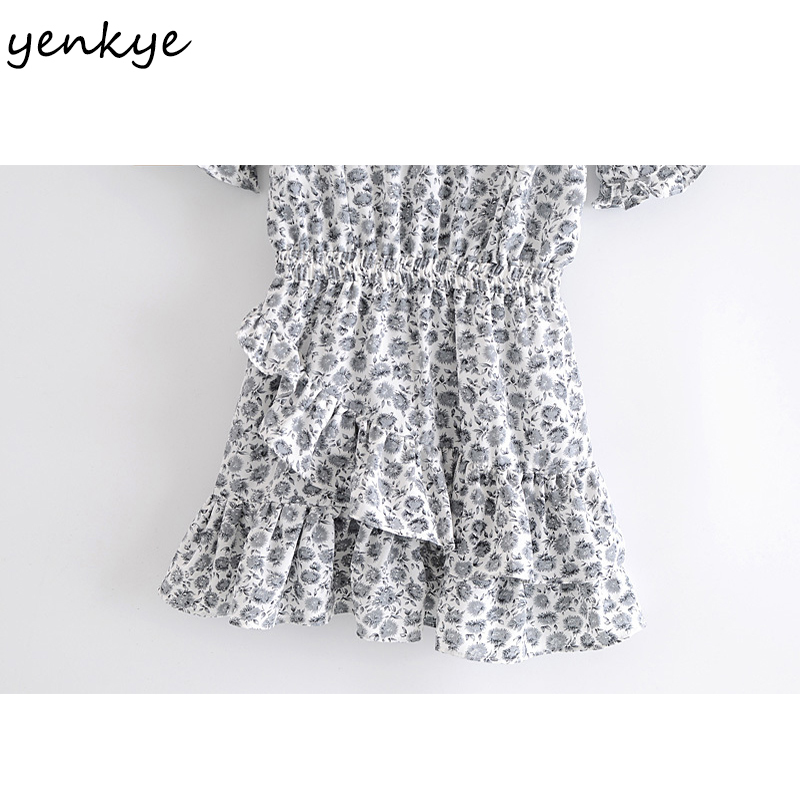 YENKYE Summer Dress Women Vintage Floral Print Asymmetric Ruffle Dress Female O Neck Short Sleeve Mini Vestido Short 210515