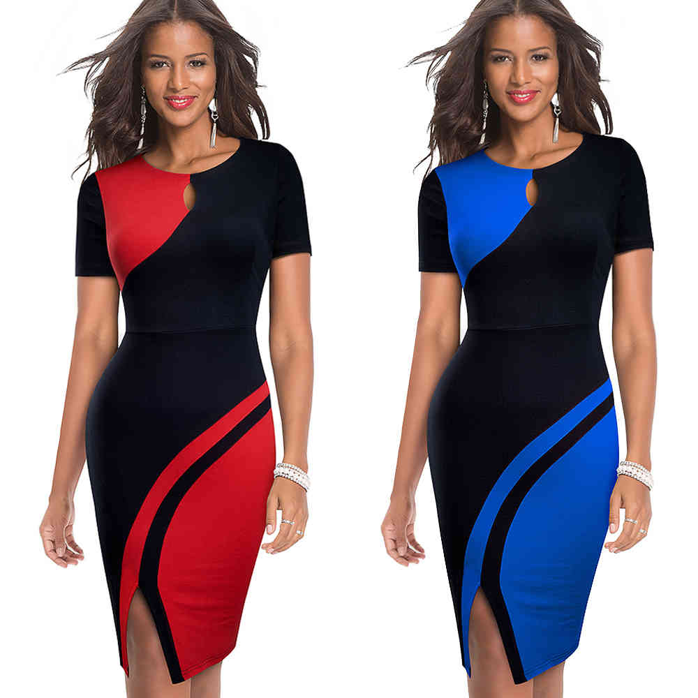 Nice-forever New Spring Elegant Stylish Contrast Color Patchwork Office Work vestidos Business Bodycon Women Dress B571 210409