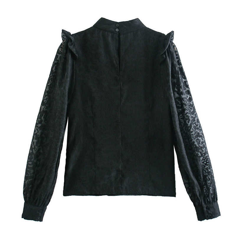 Elegant Women Leopard Lace Shirts Fashion Ladies Ruffles Patchwork Tops Streetwear Female Chic Puff Sleeve Blouses 210527