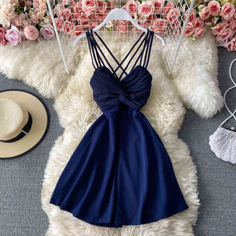 Women Dress Bandage Pleated A-line Mini Vestidos Summer Sexy Vintage Holiday Party Robes Solid Cute Dresses 210519