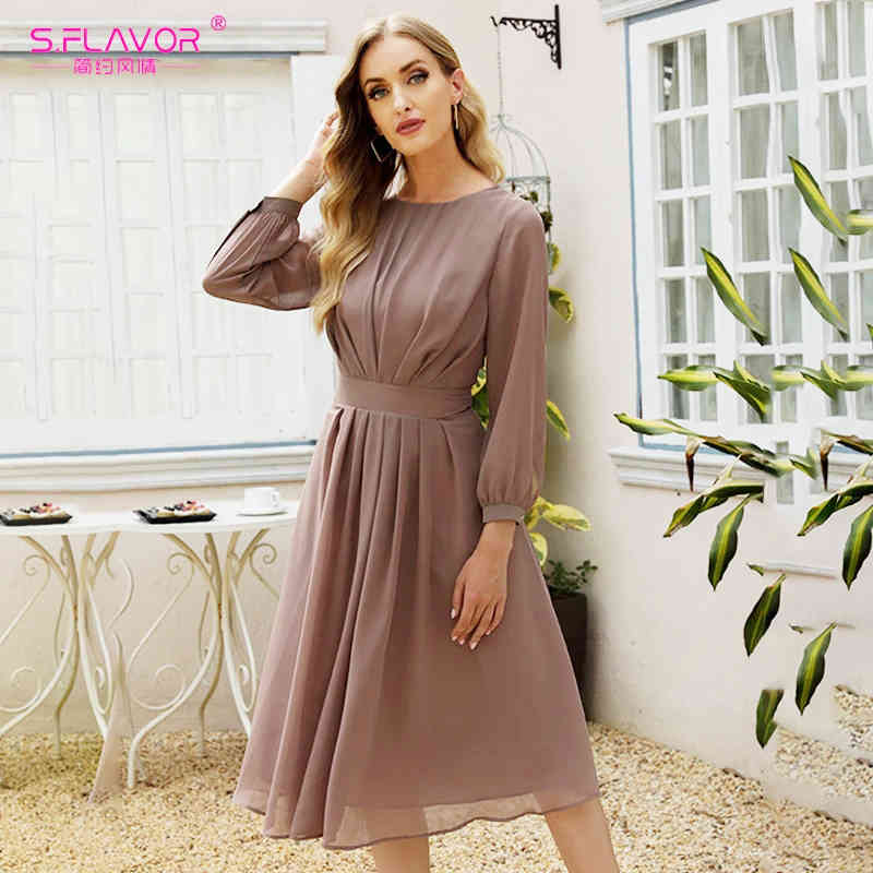 S.FLAVOR Spring Fashion Women Brown Chiffon Dress Elegant Long Sleeve Pleated A-Line Dress Solid Summer Women Boho Midi Vestidos 210409