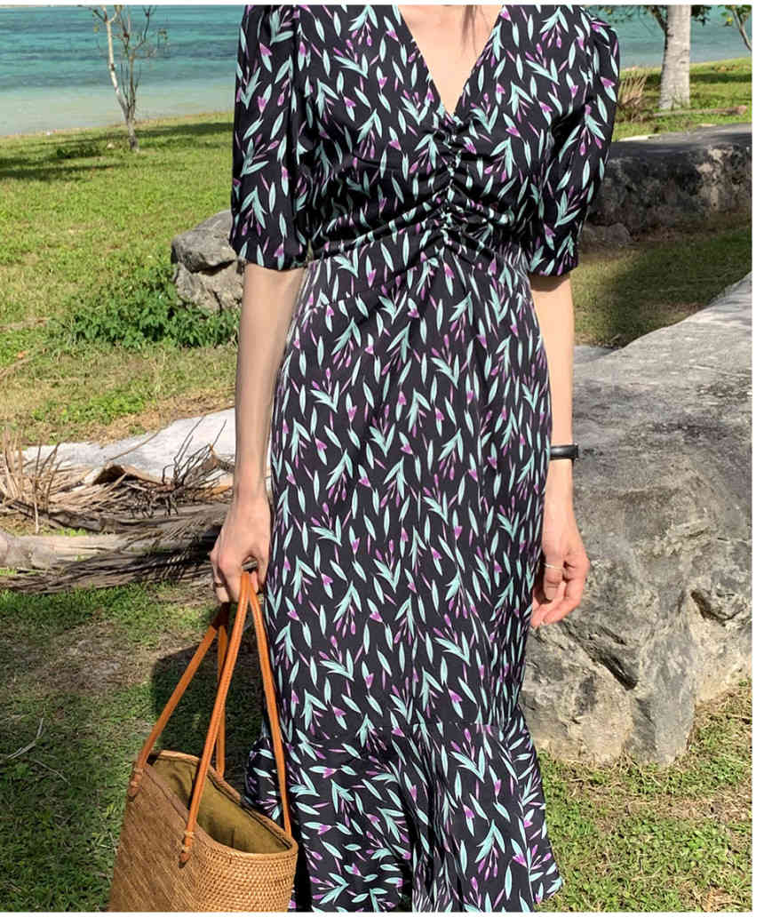 Fashion Summer Dress Korea Women Flowers V-Neck Puff Sleeve High Waist Slim Chiffon Mermaid Vestidos Robe 210519