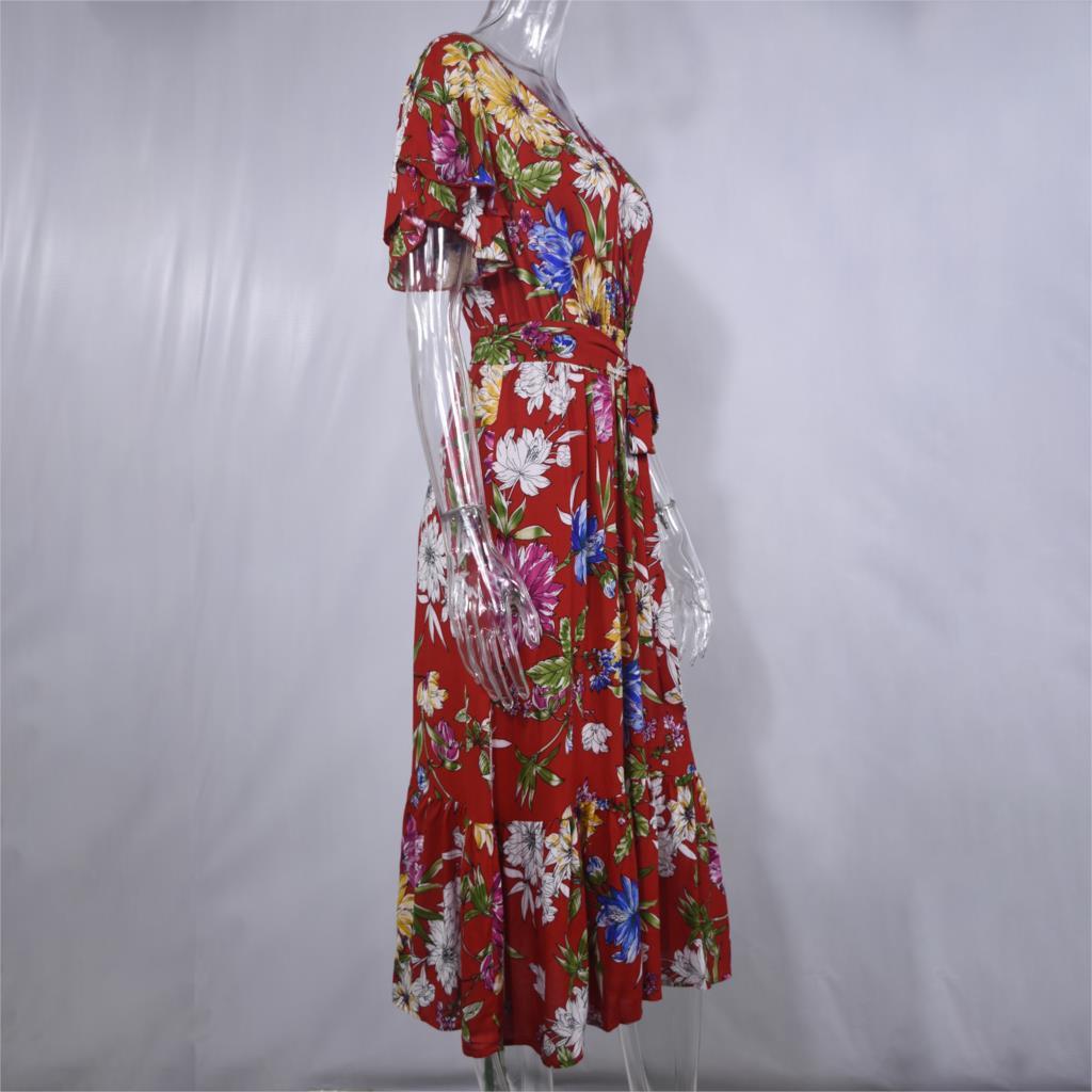 Boho Flower Print Summer Dress Ruffle V Neck Sashes Beach Ladies Long Dresses Cotton Yellow Sundress Fashion Women Clothes 210415