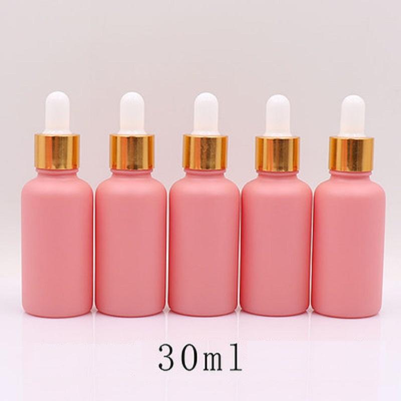 15pcs 10ml 20ml 30ml Pink Matte Frost Glass Cosmetic Serum Packging Refillable Gold Pipette Dropper Essential Oil Vials Bottles Storage & Ja