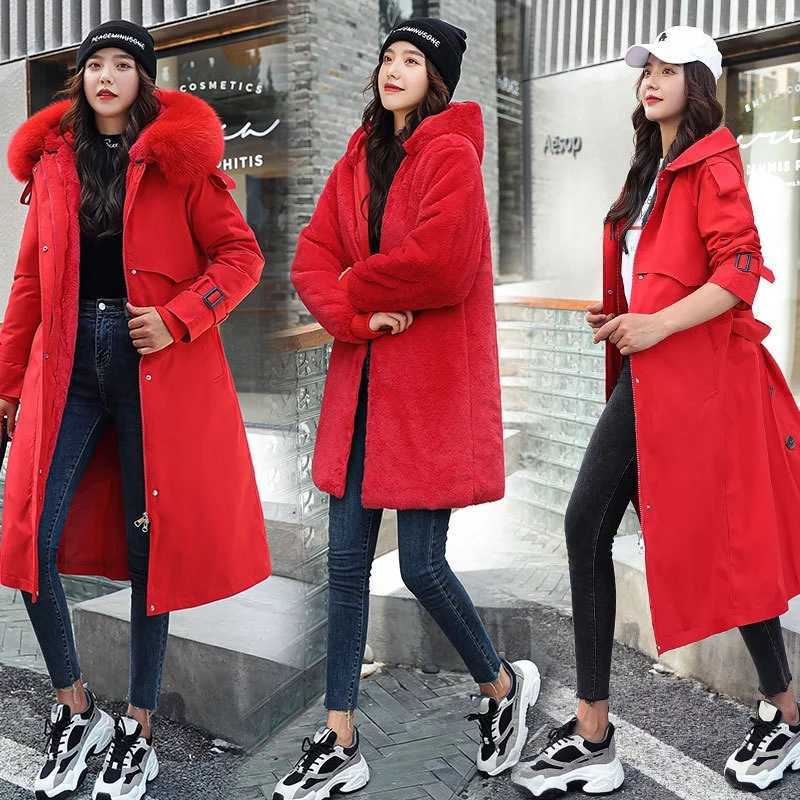 LUZUZI Women's Winter Jacket Hooded X-Long Thick Warm Cotton Padded Parkas Woman Wool Liner Distachable Plus Size Jackets Coat 211013