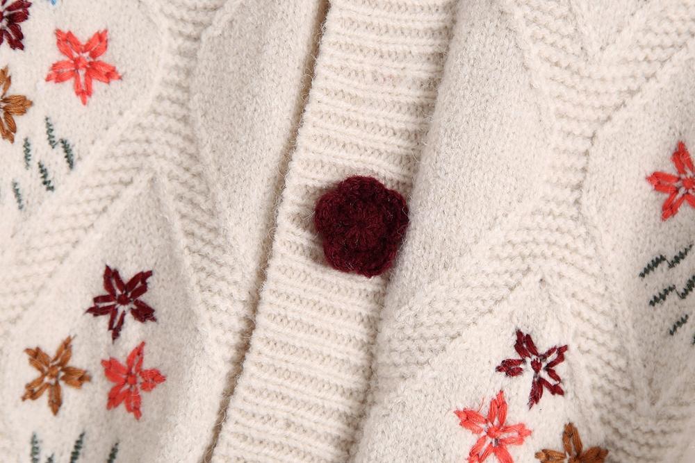 Autumn Winter French Flower Embroidery Knitted Cardigan Kawaii Retro Sweater Coat Center Buttons Woman Long sleeve Short Jumper 210429