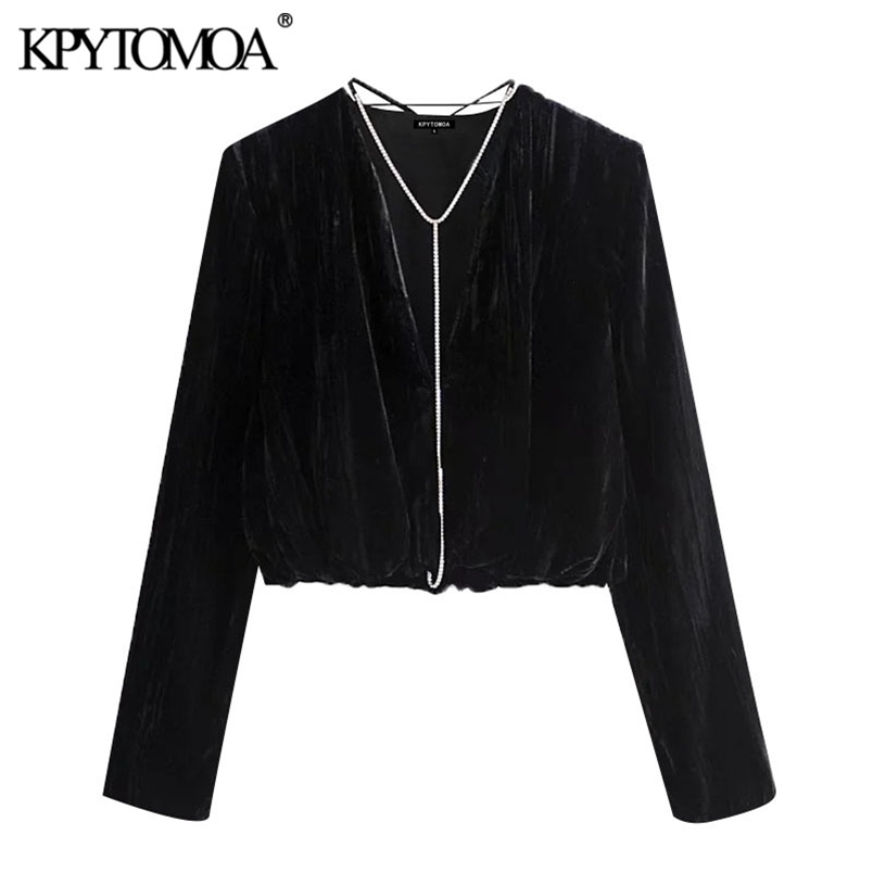 Women Fashion With Bejewelled Chain Velvet Cropped Blouses Long Sleeve Elastic Hem Female Shirts Chic Tops 210420