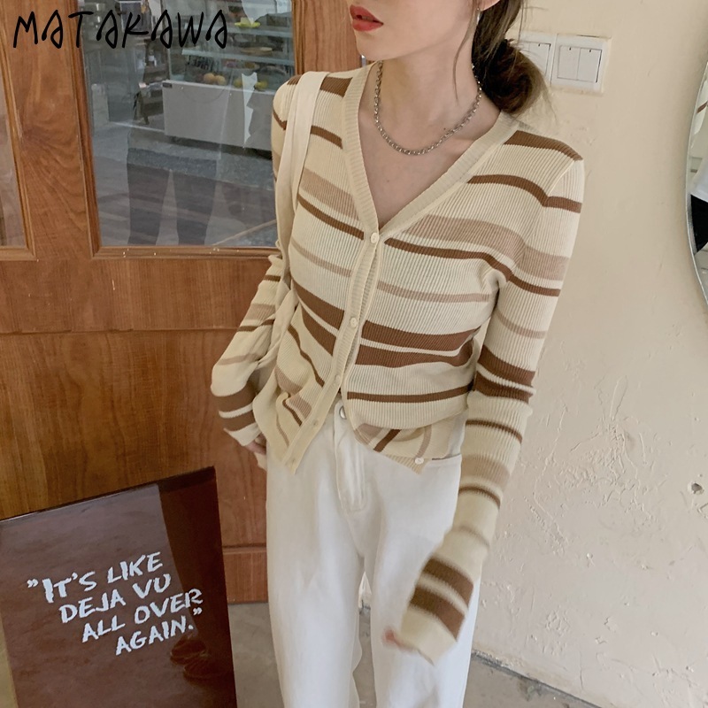 MATAKAWA Striped Women's Sweater Contrast Color V-neck Long-sleeved Knitted Cardigan Sweaters Spring Slim Single Breasted Top 210513