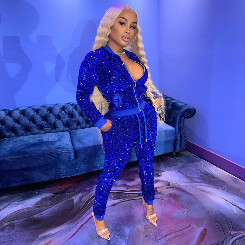 Women's Two Piece Pants Glitter Sequin Patchwork Set Fall Winter Clothes 2021 Zipper Front Long Sleeve Jackets And Drawstring Sweatpant