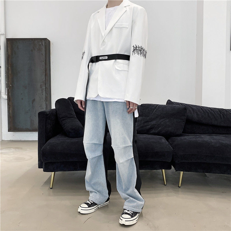 IEFB Men's Wear Color Block Patchwork Work Clothes Jeans Loose Wide Leg Fold Leg Pants Male Spring Pdenim Pants 9Y3754 210524