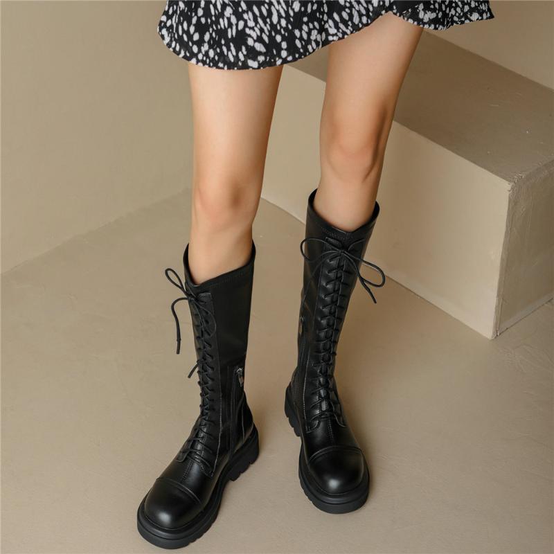 Boots Women Lace Up Genuine Leather Flat With Knee High Female Thigh Round Toe Platform Pumps Shoes Casual