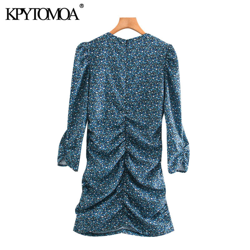 Women Chic Fashion Floral Print Pleated Mini Dress Three Quarter Sleeve Back Zipper Female Dresses Mujer 210420