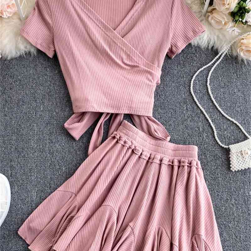 Chic Thin Suit Women Fashion Female Summer Short Sleeve Tops + High Waist Skirts Two Piece Sets L716 210527