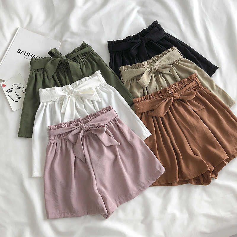 Fashion Summer shorts Korean Solid Color loose Cool Lace-up Elastic High Waist Wide Leg Casual Women's white 210714