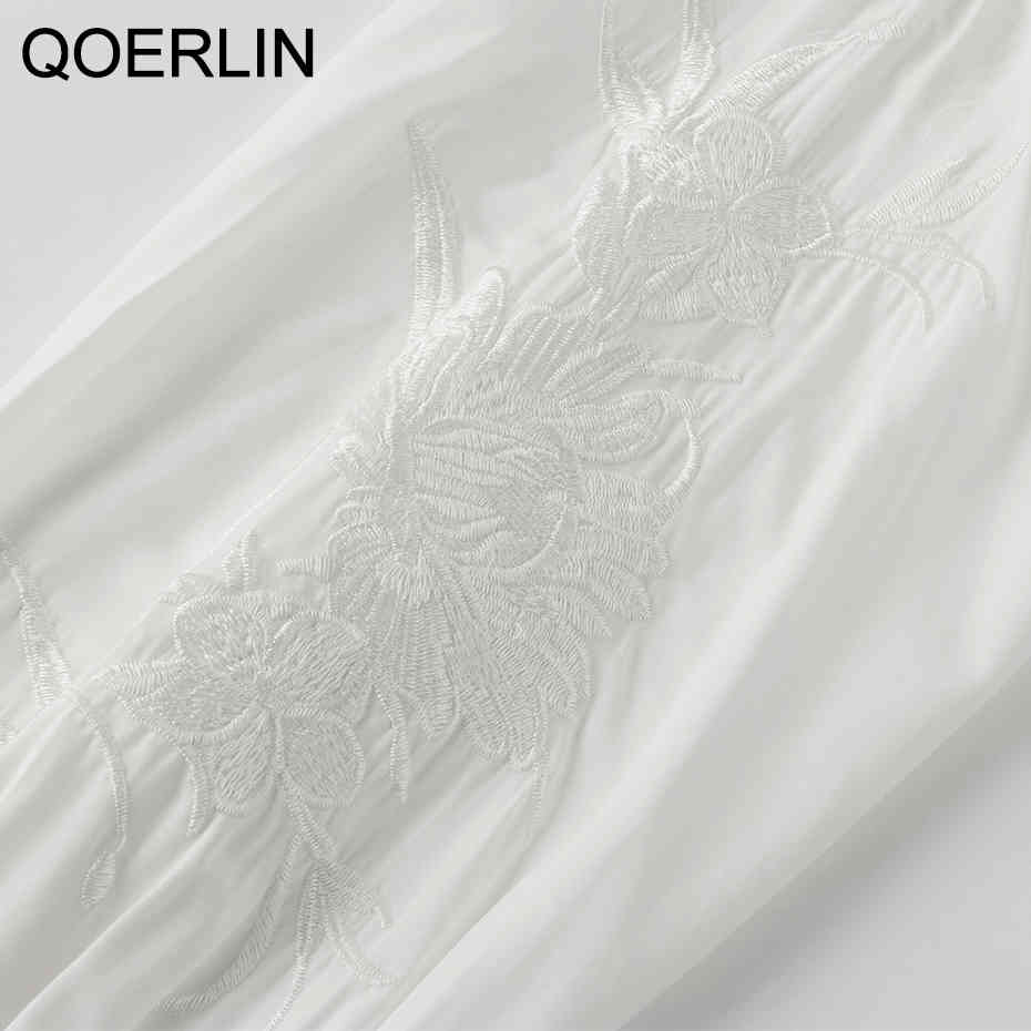 QoerliN Embroidered Blouse Women Elegant Lantern Sleeve White Blouse OL Stylish Pearl Decor Chiffon ChicShirts Plus Size 210412