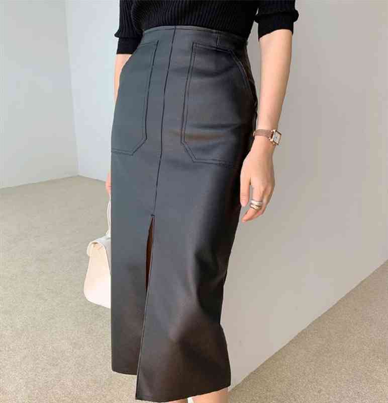 autumn women pu leather skirts high waist pockets package hip skirt female front split zipper midi pencil skirts, Black
autumn women pu leather skirts high waist pockets package hip skirt female front split zipper midi pencil skirts, Black