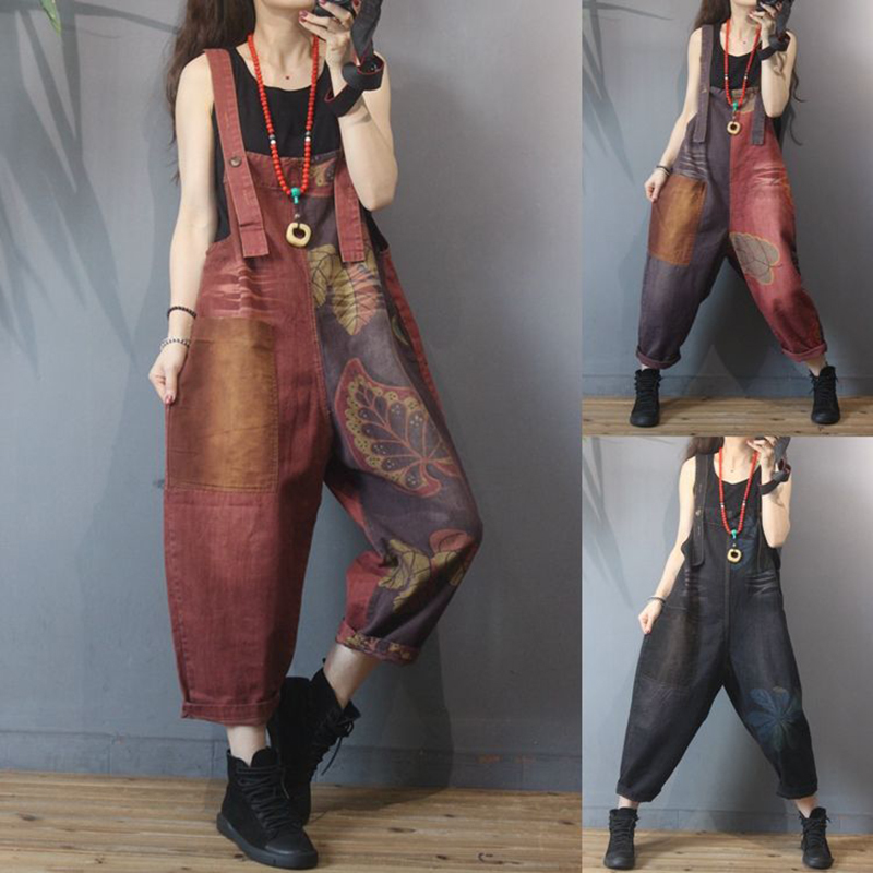Spring Summer Arts Style Women Loose Casual Jumpsuits Cotton Denim Patchwork Print Vintage Jumpsuit high quality S875 210512