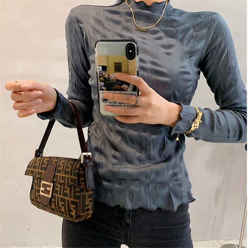 Casual Basic Korea Pleated High Quality Brief Minimalist Tops Solid Fashion Women Large Full Sleeves T-shirt 210421