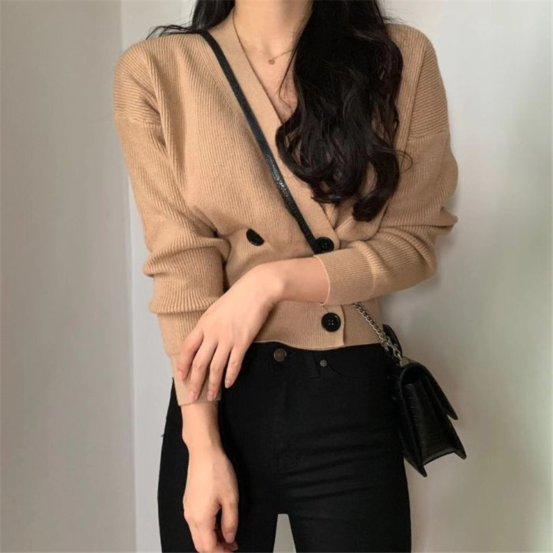 Autumn Loose Sweet Women Girls Warm V-Neck Fashion Female Cross Fresh High Waist Casual Knitted Short Sweaters 210421