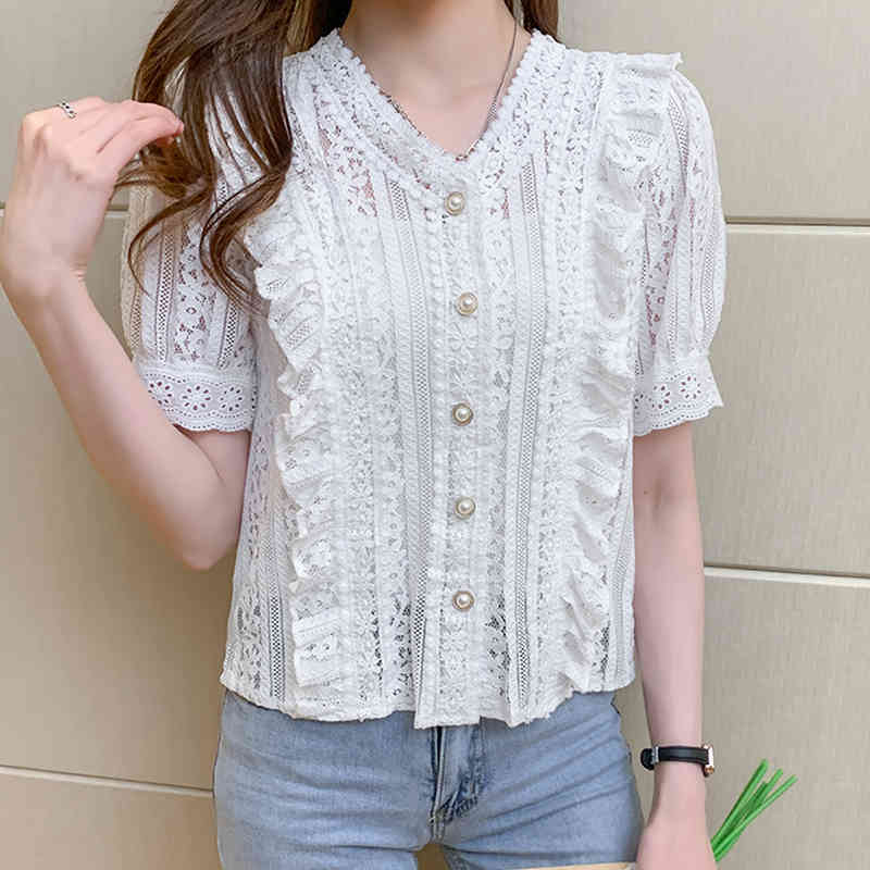 Summer V-neck Hollow Lace Crochet Blouse Women Solid Ruffled Woman Shirt Puff Short Sleeve Top Female Clothes Blusas 13990 210512