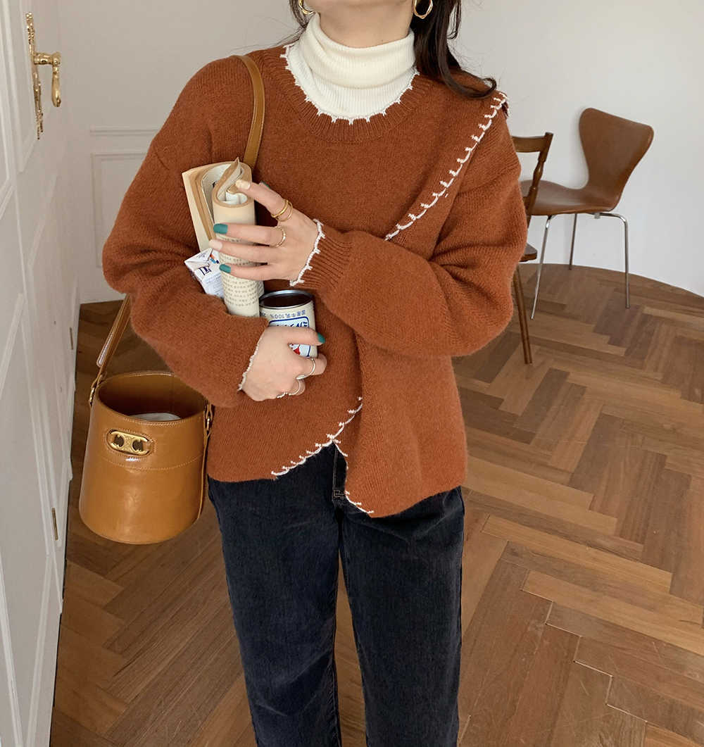 Qooth Winter Autumn Women Plain Color Long Sleeve Sweater Pullovers Warm Knitted Loose Split Short Jumper QT316 210609