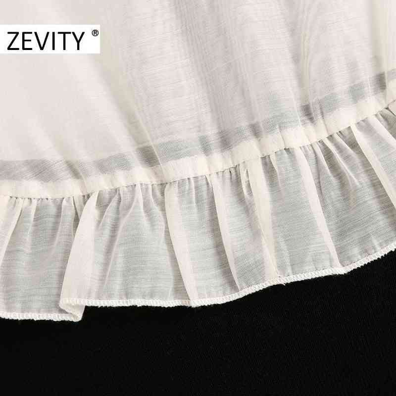 ZEVITY women elegant bow tied chiffon patchwork knitting ruffles shirtdress Office lady casual vestidos chic mini dresses DS4528 210419