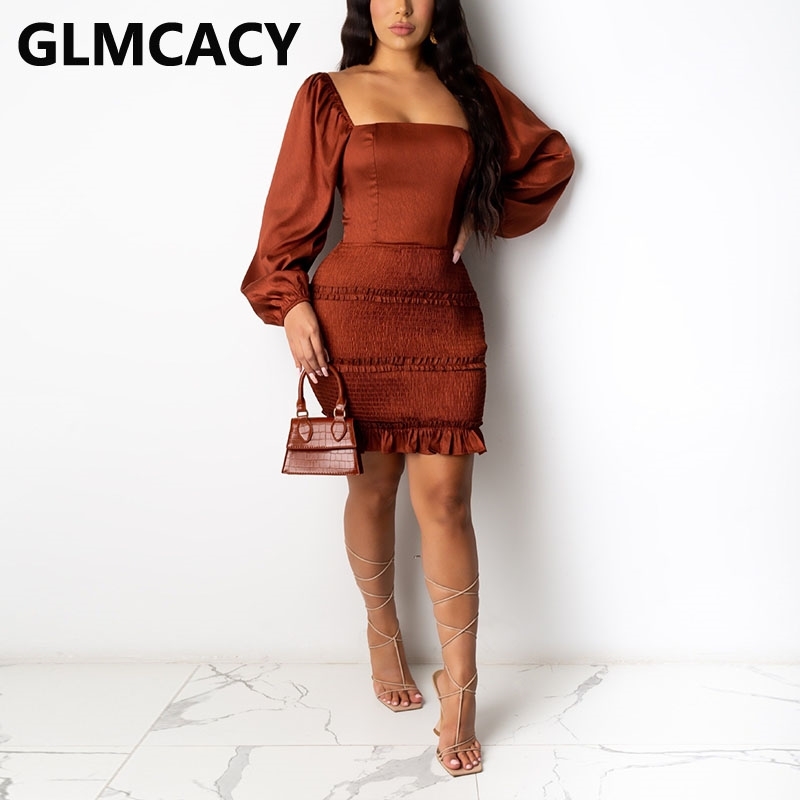 Women Long Sleeve Square Neck Dress Chic Bdoycon Lace Up Back Mini Dresses 210702