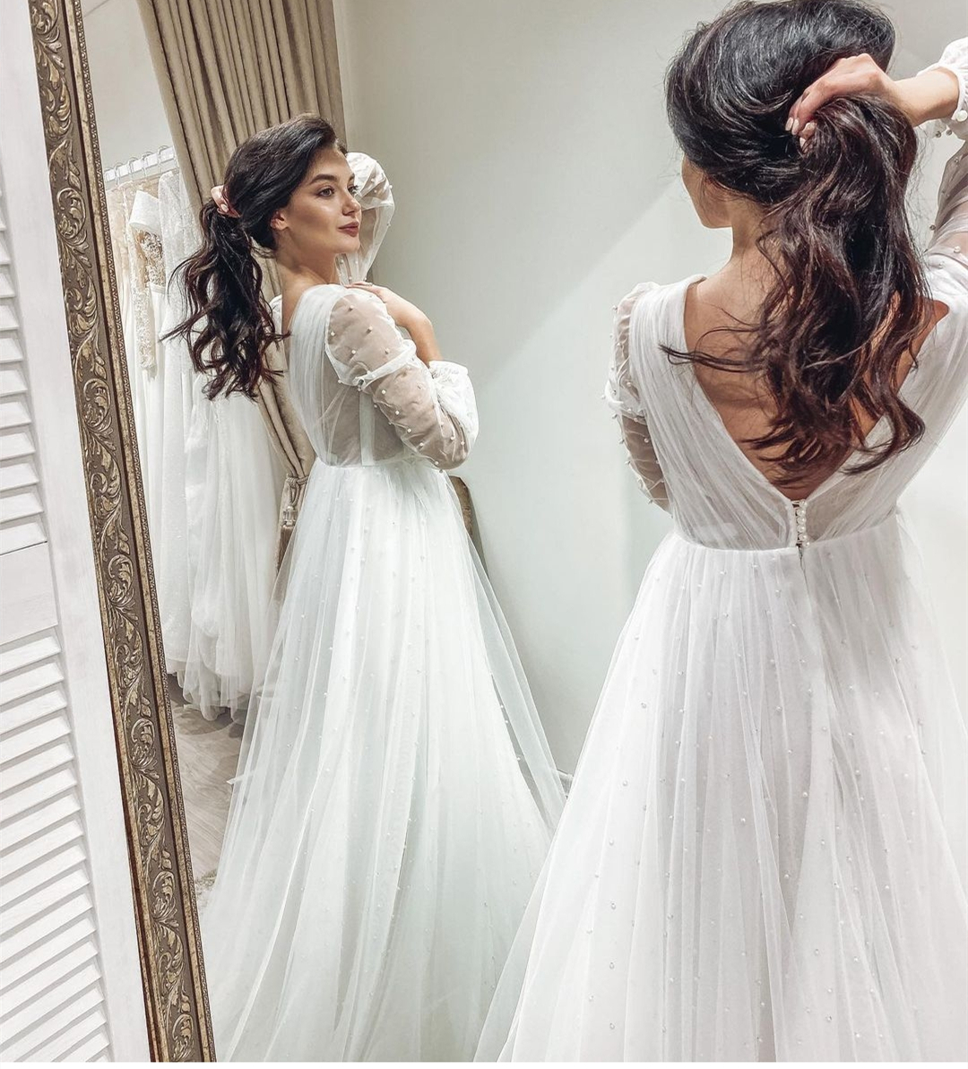 Wedding Dress 2021 Deep V-Neck Long Sleeve With Pearls Princess vestidos de novia Backless Organza Floor Length Robe De Mariee