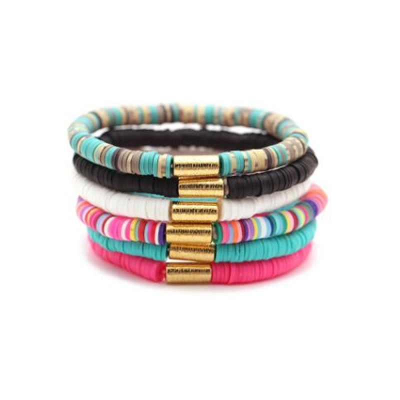 Bohemian Style Rainbow Color Polymer Clay Beads Strands Bracelet Men Women Elastic Jewelry for Wholesale 2pcs/set