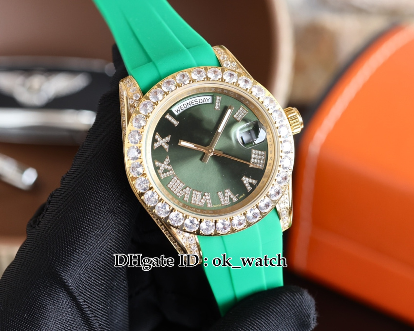 New Version 40mm Date Automatic Mens Watch 228348 228345 228396 228349 Big Diamond Bezel Gents Fashion Watches Rose Gold Case Green Rubber Strap
New Version 40mm Date Automatic Mens Watch 228348 228345 228396 228349 Big Diamond Bezel Gents Fashion Watches Rose Gold Case Green Rubber Strap