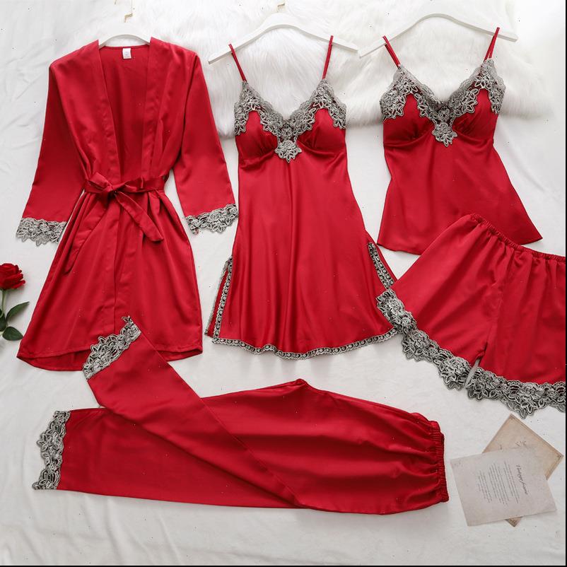 5pc silk robe sleep women sleepwear suit lace satin pajamas gown set v neck cami nighties wear pijama home nightwear, Black;red
5pc silk robe sleep women sleepwear suit lace satin pajamas gown set v neck cami nighties wear pijama home nightwear, Black;red