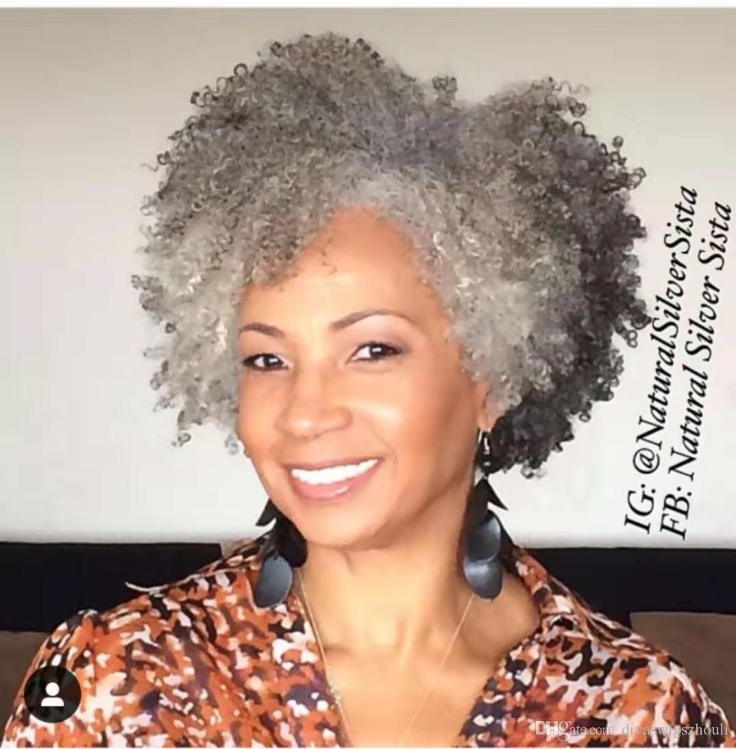 Real hair Silver grey kinki drawstring ponytail afro puff bun women extension with clips salt and pepper natural gorgeous gray hairpiece 14inch 140g