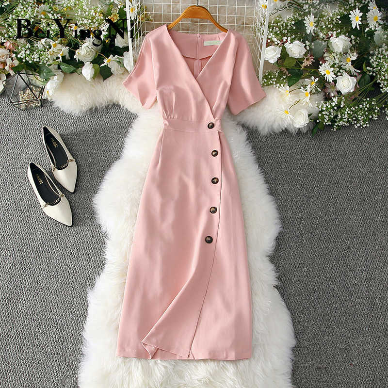 Beiyingni Office Ladies Dress Elegant Buttons Casual Slim Vintage Romance Party Women Dress Red Pink Yellow Vestidos Mujer 210630