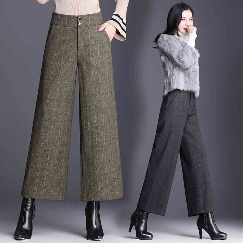 Women's woollen broad Legged Pants women's Autumn Winter High Waist Nine Point Straight Loose Thin Woolen Plaid 668i 210420