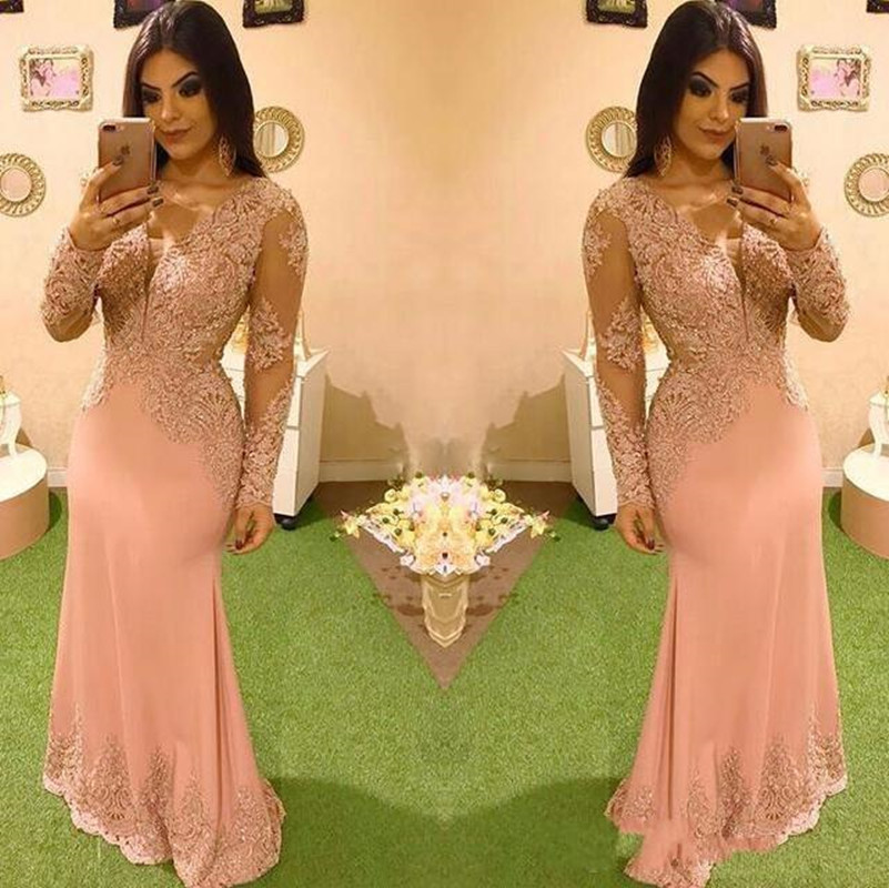 Pink Evening Woman Wear Sexy V Neck Lace Appliques Crystal Beads Mermaid Long Sleeves Formal Party Dress Prom Gowns