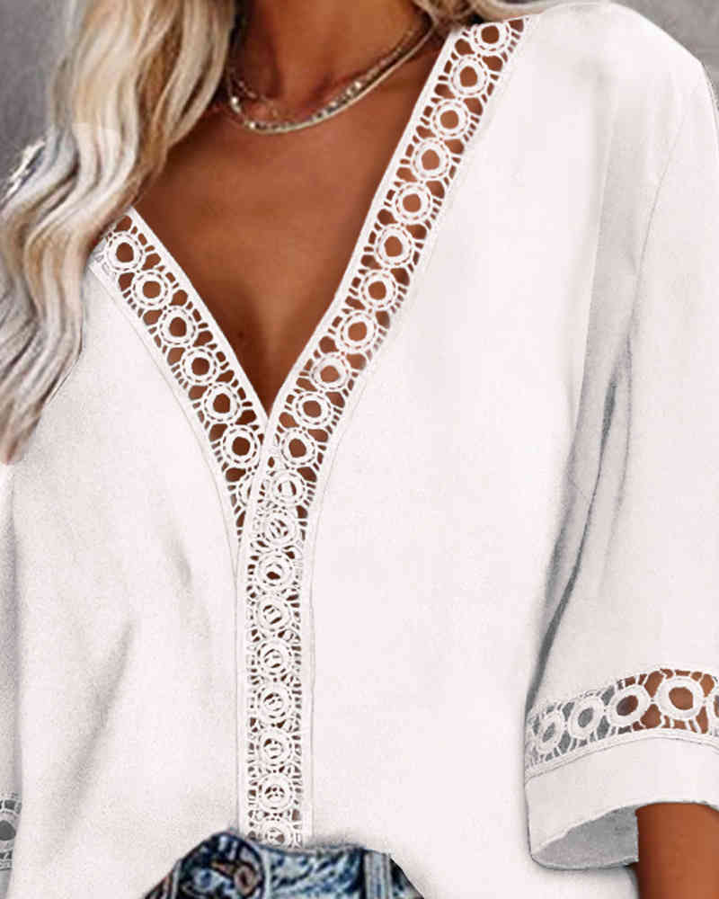 Spring Summer Women Solid Hollow-out Blouse New Femme Casual Plain Bell Sleeve V-Neck Top Ladies Mid Sleeve Clothing 210415