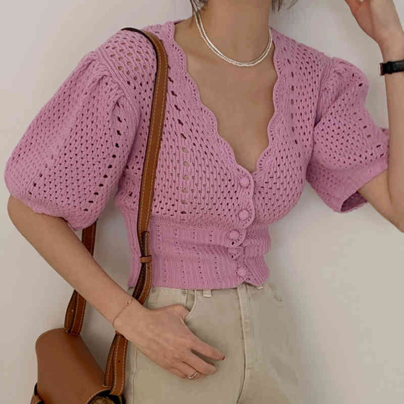 Women Fashion Sexy V-Neck Hollow out Crochet Knitted Cardigan Female Korea Summer Puff Sleeve Casual Tops 210518