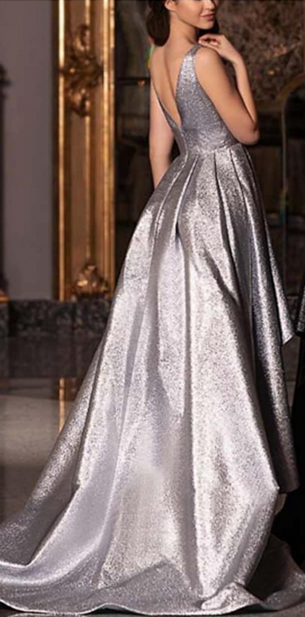 Glittering Gold/Silver Elegant Prom Evening Dress V Neck Sleeveless Backless Sequin Formal Party Gown High Low Robes De Soiree Vestidos Longo 2026