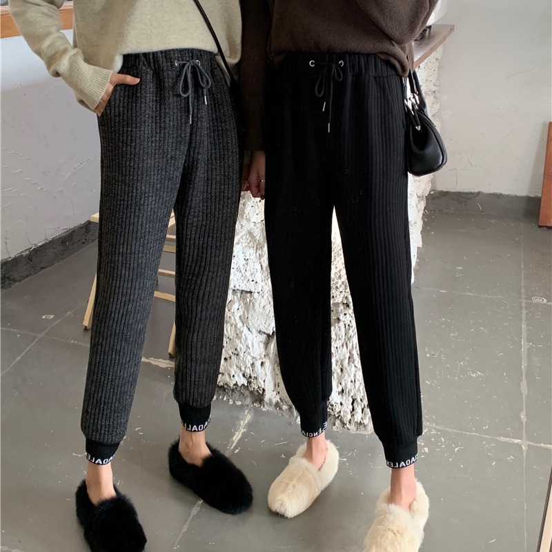 Nomikuma Knitted Letters Harem Sweatpants Causal Lace Up Stretch Waist Trousers Autumn Winter Thicken Women Sweater Pants 6C764 210427