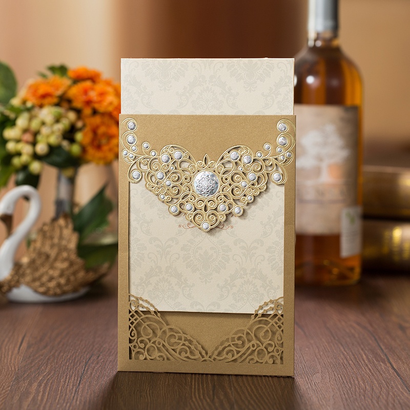 2021 Red Gold Laser Cut Crown Flora Wedding Invitations Card Greeting Cards Wedding Event Party Decoration with inner sheet and envelope