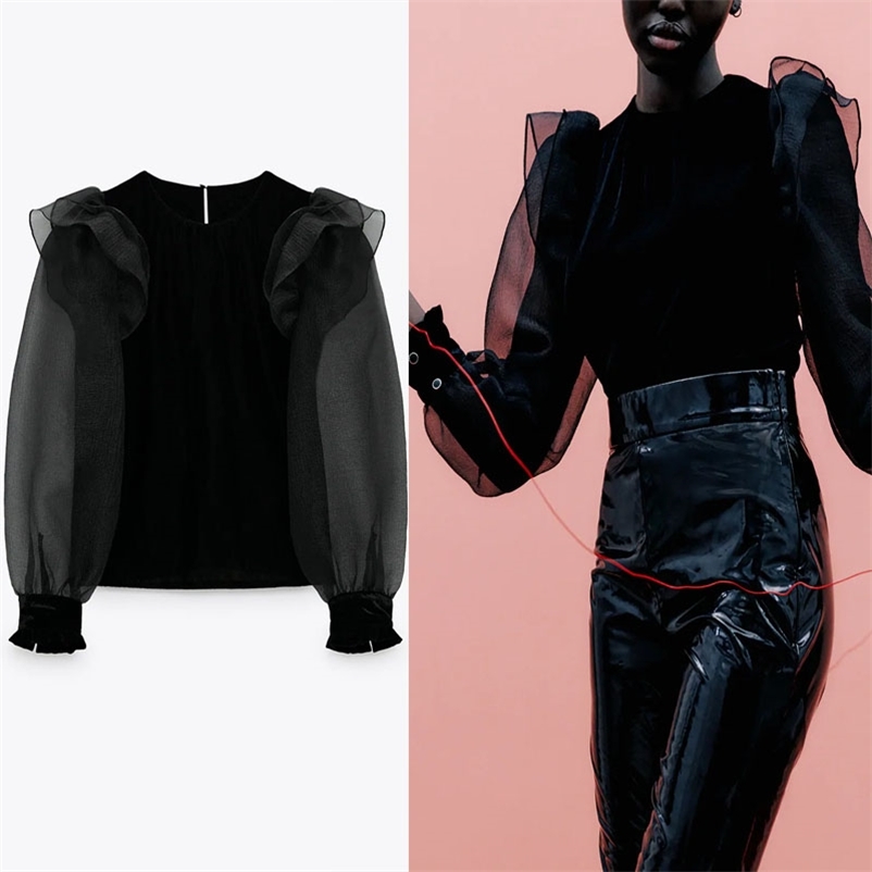 Vintage Velvet Ruffle Shirt Women Transparent OrganLong Puff Sleeve Blouse Female Fashion Back Opening Black Top 210518
Vintage Velvet Ruffle Shirt Women Transparent OrganLong Puff Sleeve Blouse Female Fashion Back Opening Black Top 210518