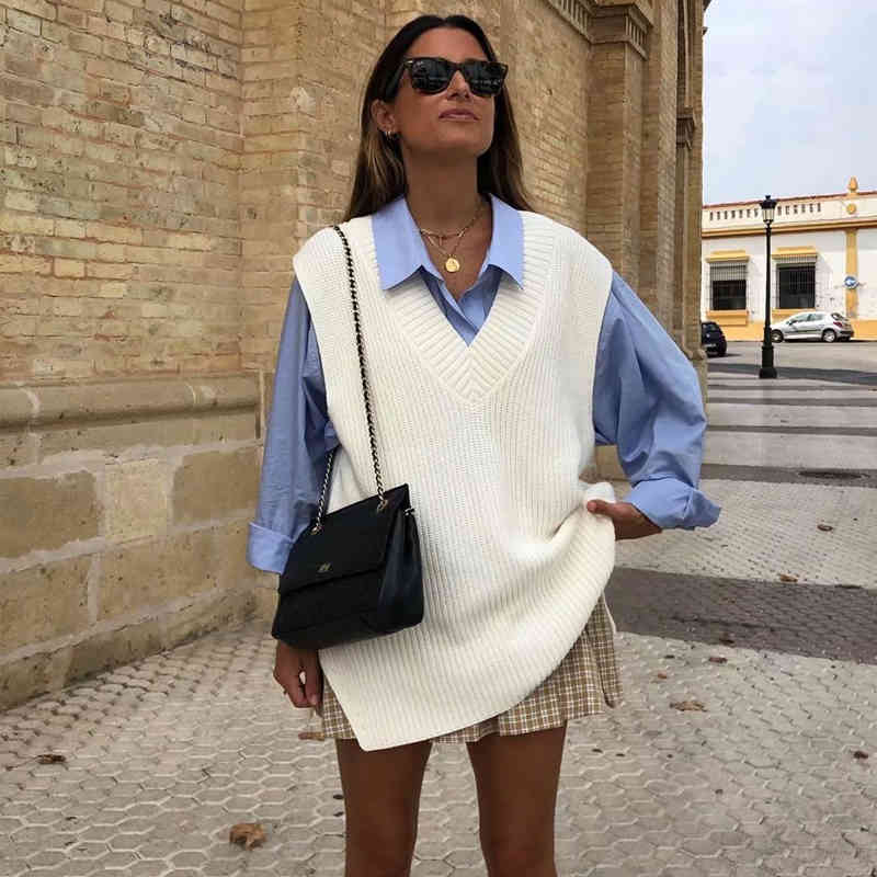 Solid Casual V Neck Knitted Sweater Vest Women Side Split Sleeveless Pullover Tops Autumn Winter Ladies Waistcoat 210415