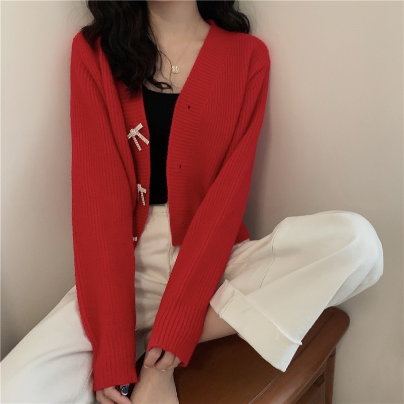 Sweater Autumn V Neck Full Red Knitted Cardigan Short Slim Outfits Bow Diamond Single Breasted Knitwear Top Jumpers Retro Korean 210429