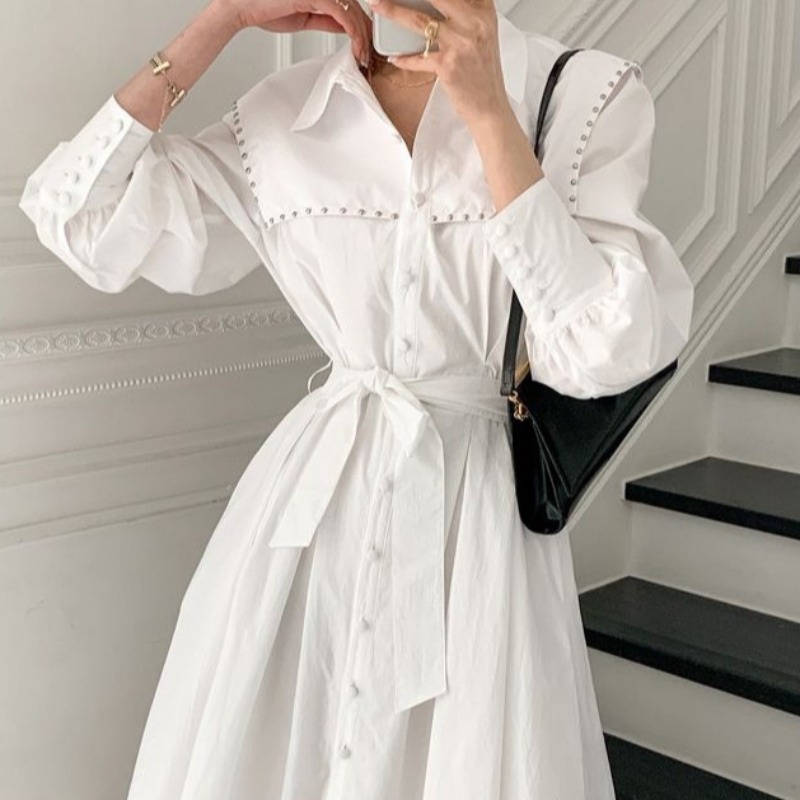 Spring Elegant Rivet Shirts Dress Vestidos Women Clothing Vintage Single-breasted OL Work Lace Up Casual Dresses Female 210518